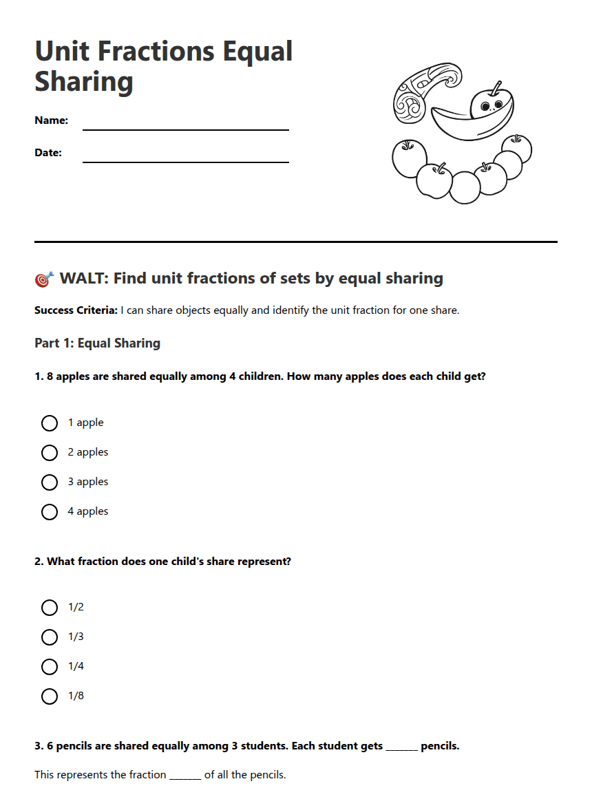 Unit Fractions Equal Sharing worksheet preview