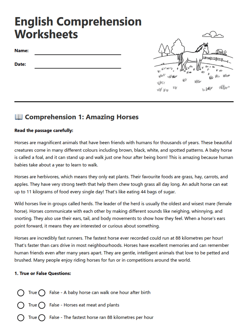 English Comprehension Worksheets