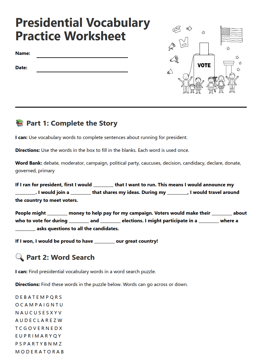 Presidential Vocabulary Practice Worksheet worksheet preview