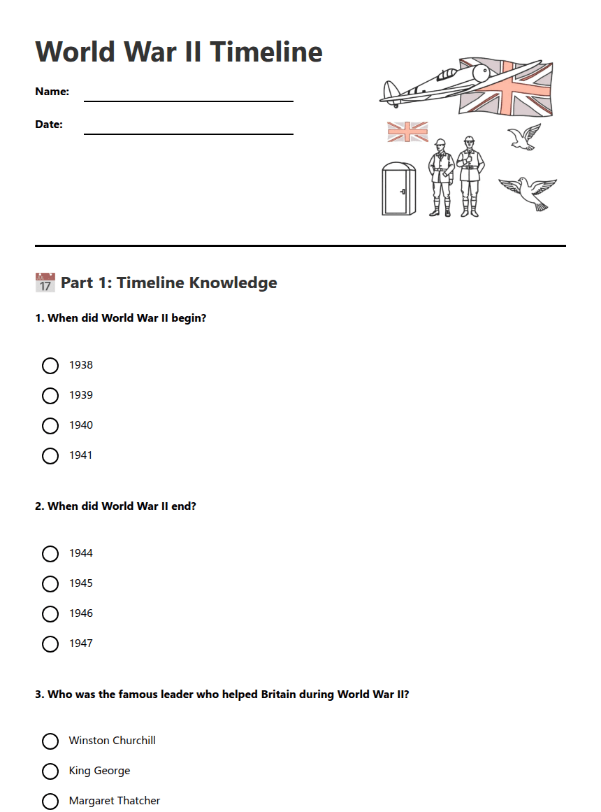 World War II Timeline worksheet preview