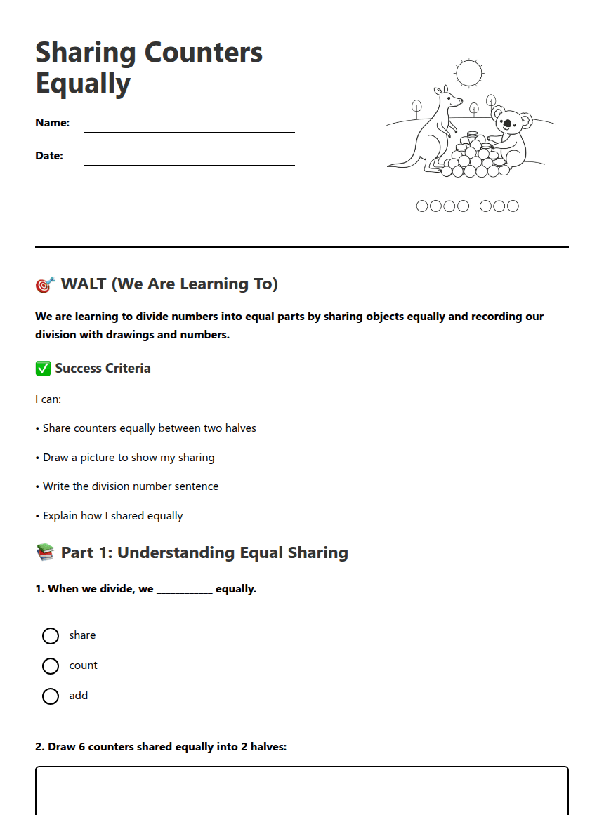 Sharing Counters Equally worksheet preview