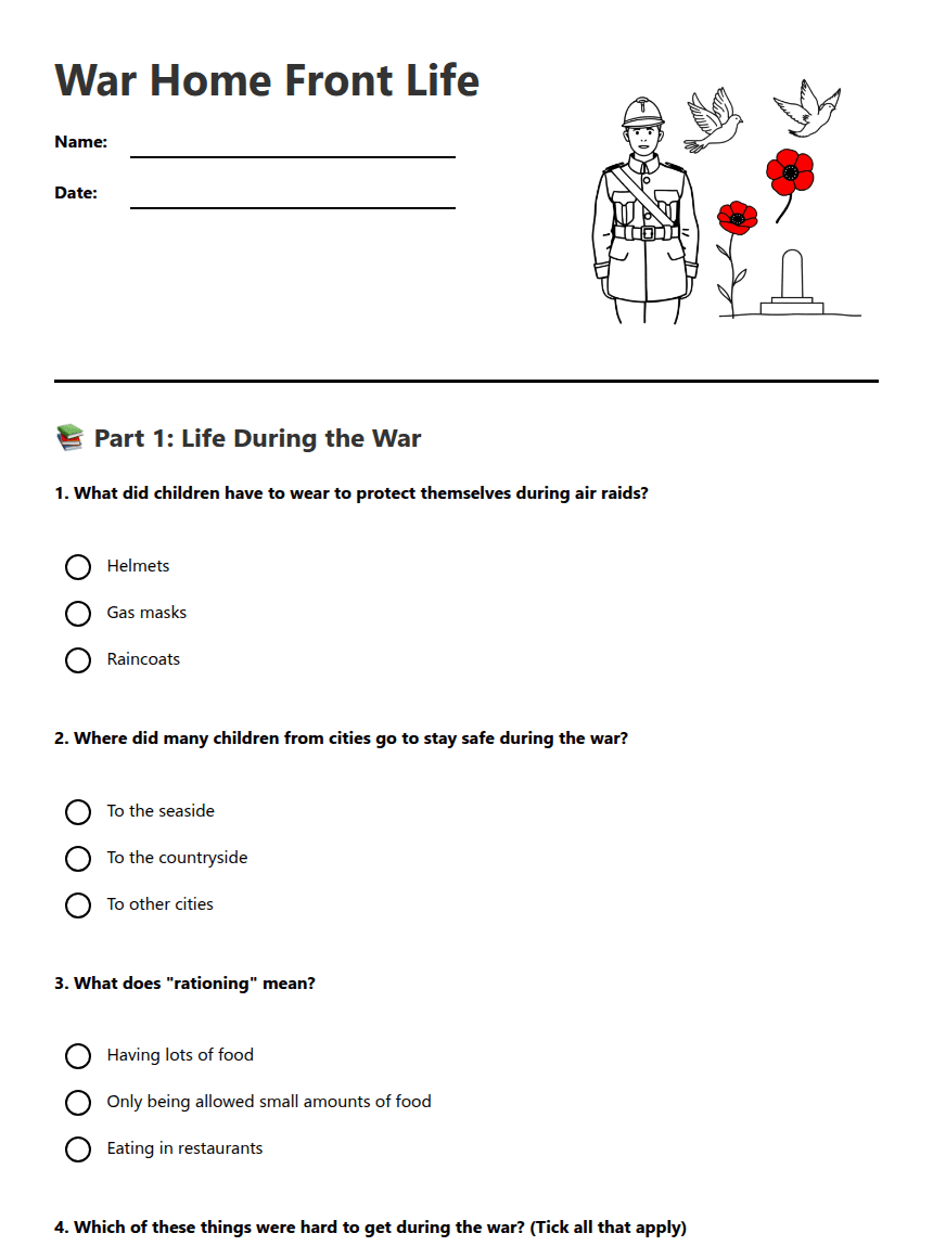 War Home Front Life worksheet preview