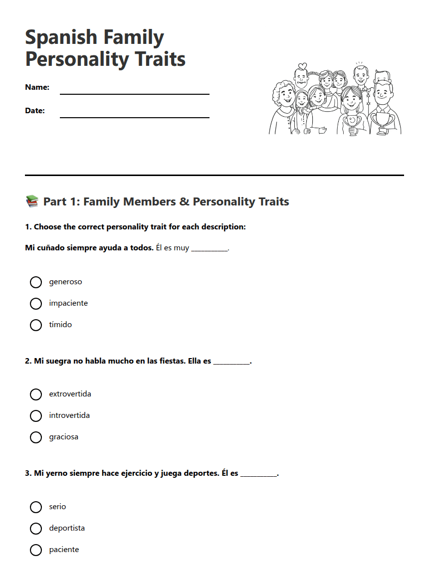 Spanish Family Personality Traits worksheet preview