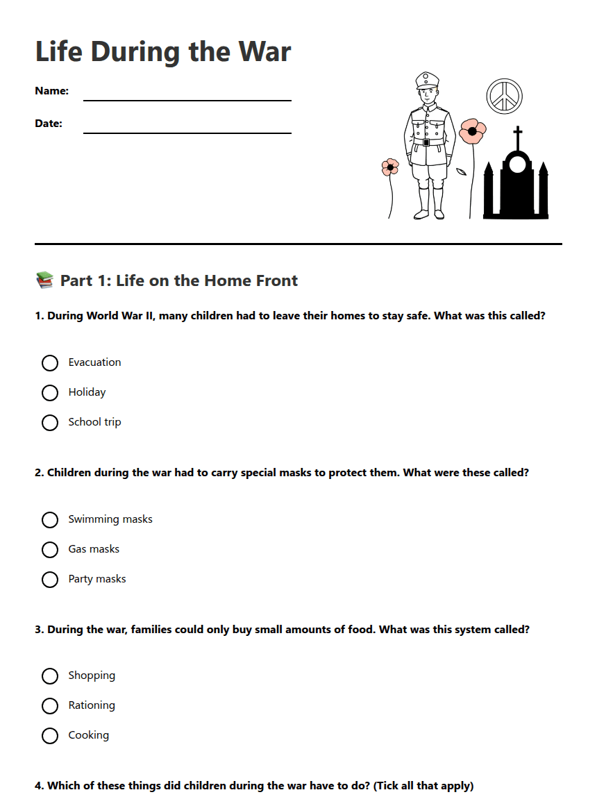 Life During the War worksheet preview