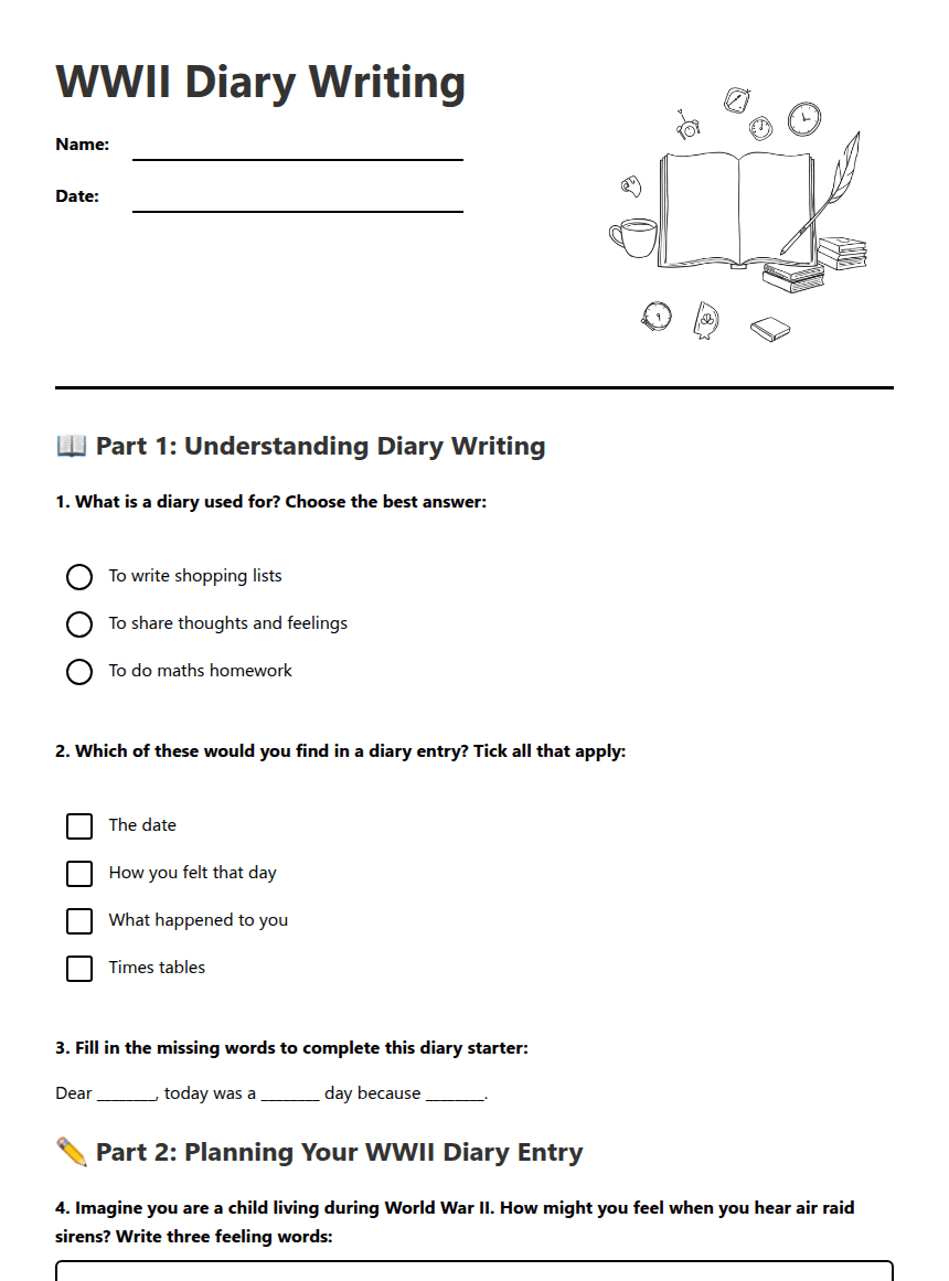 WWII Diary Writing worksheet preview