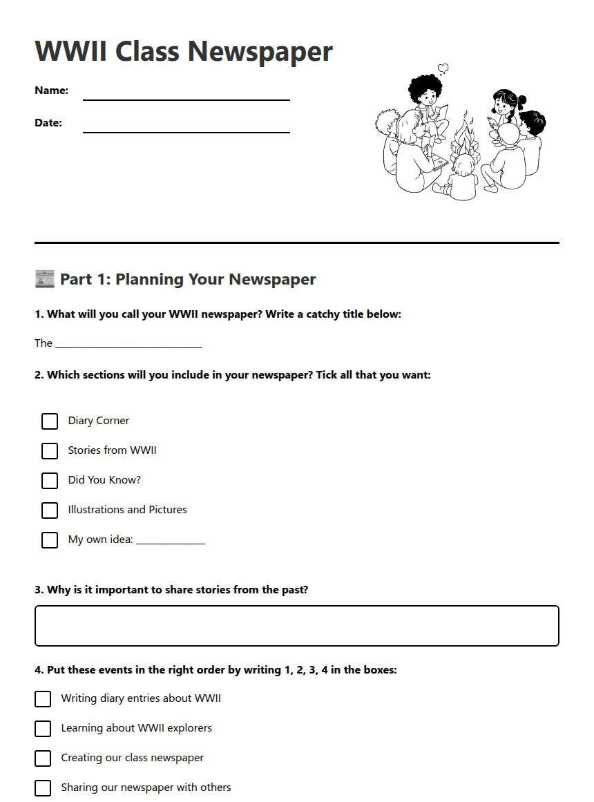 WWII Class Newspaper worksheet preview