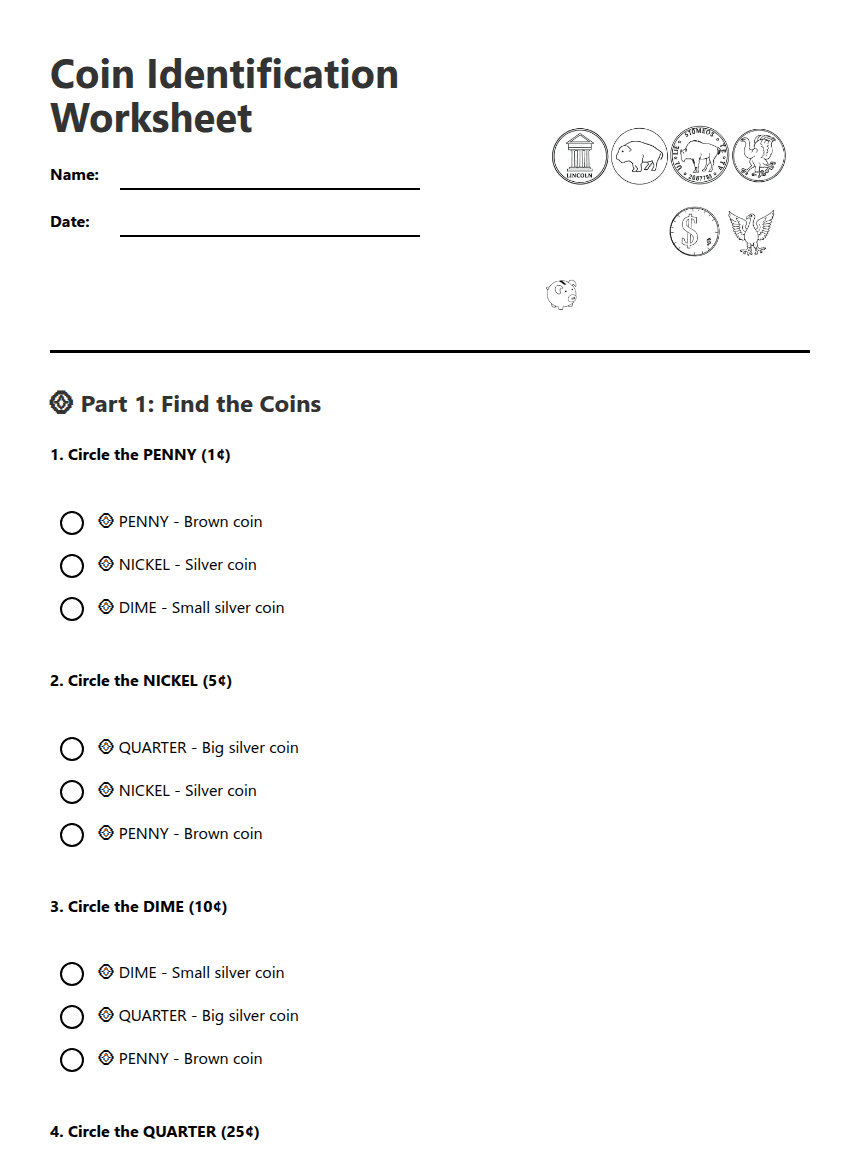 Coin Identification Worksheet worksheet preview