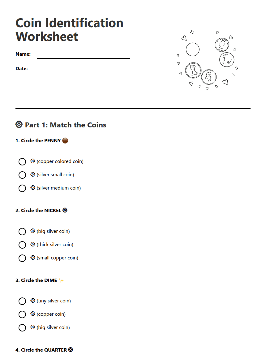 Coin Identification Worksheet worksheet preview