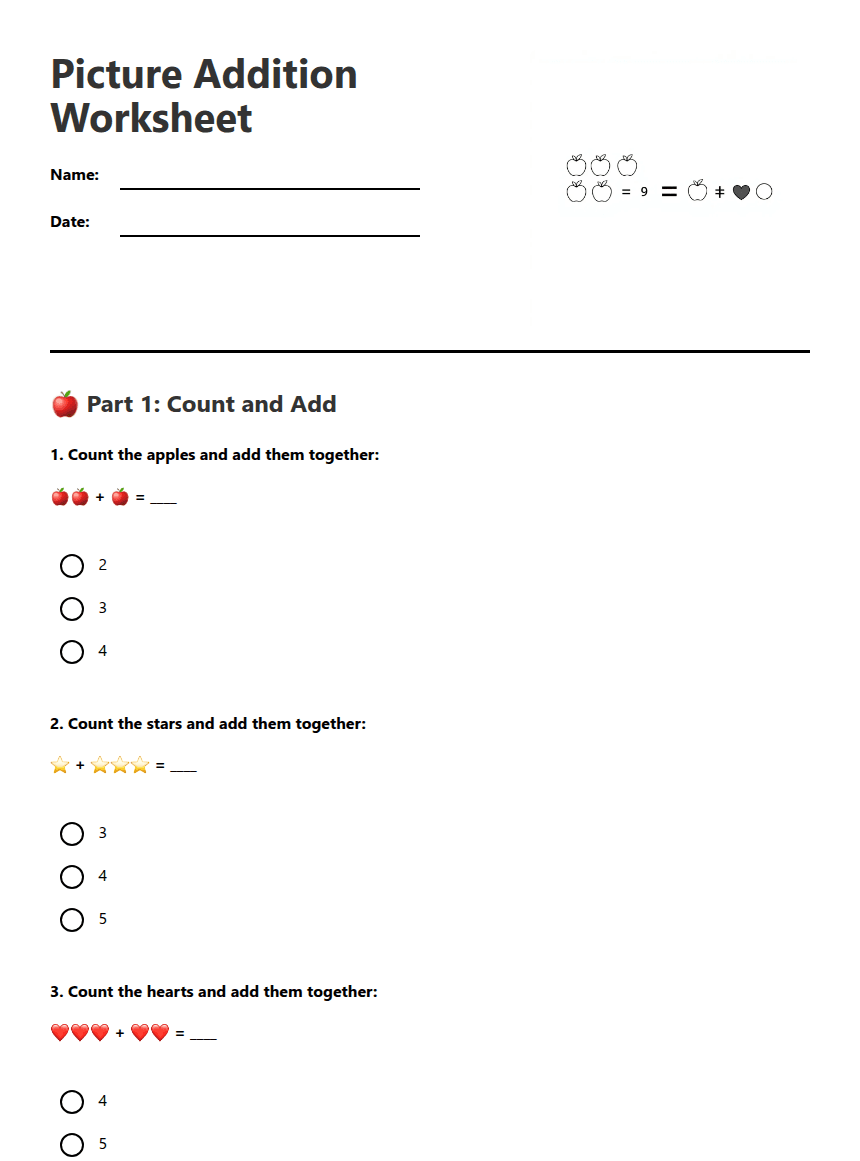 Picture Addition Worksheet worksheet preview