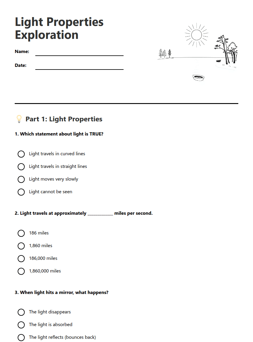 Light Properties Exploration worksheet preview