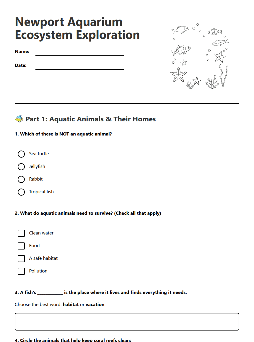 Newport Aquarium Ecosystem Exploration worksheet preview