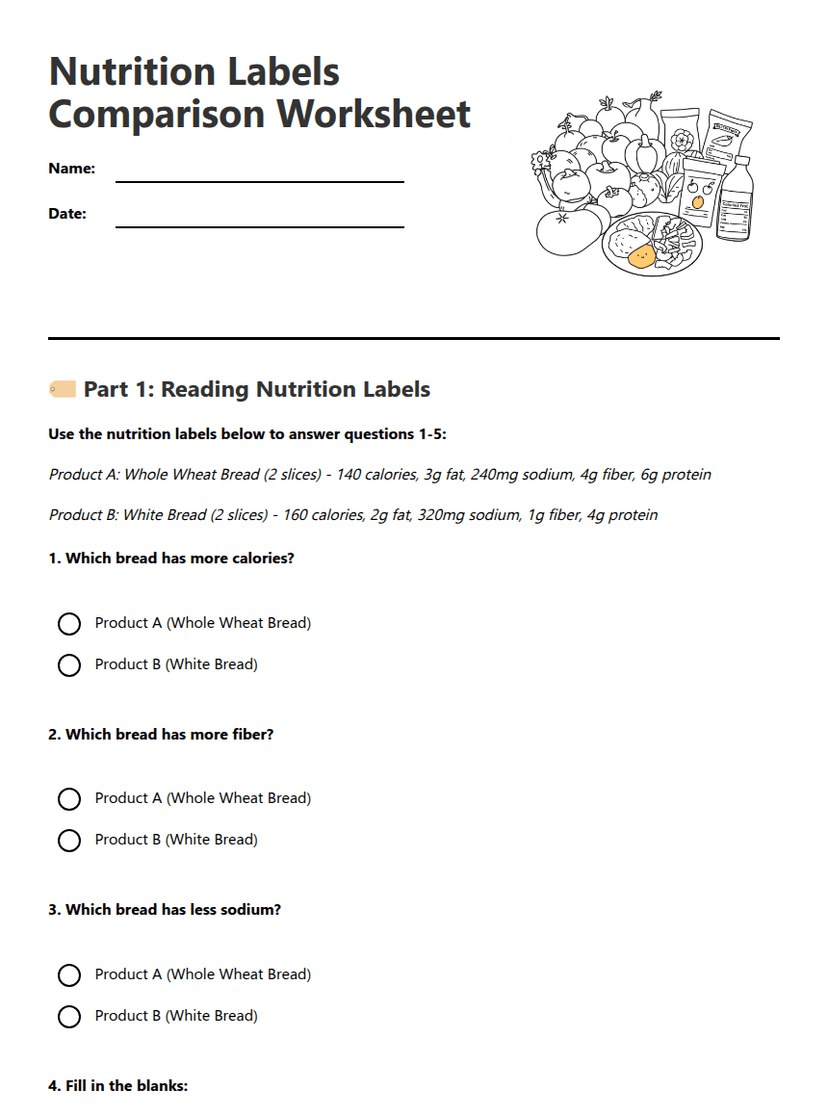 Nutrition Labels Comparison Worksheet