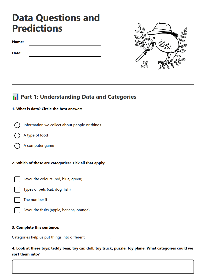 Data Questions and Predictions worksheet preview