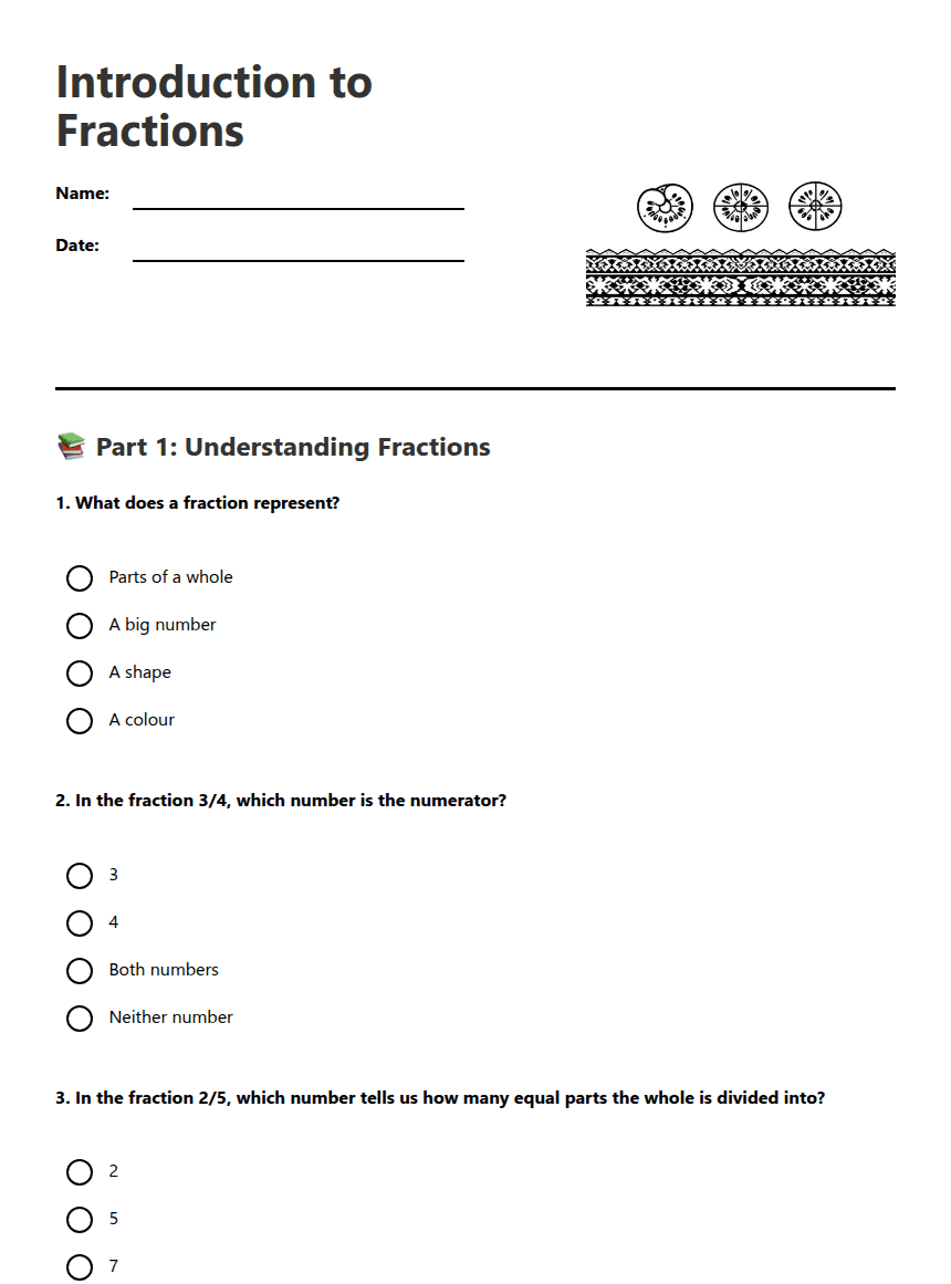 Introduction to Fractions worksheet preview