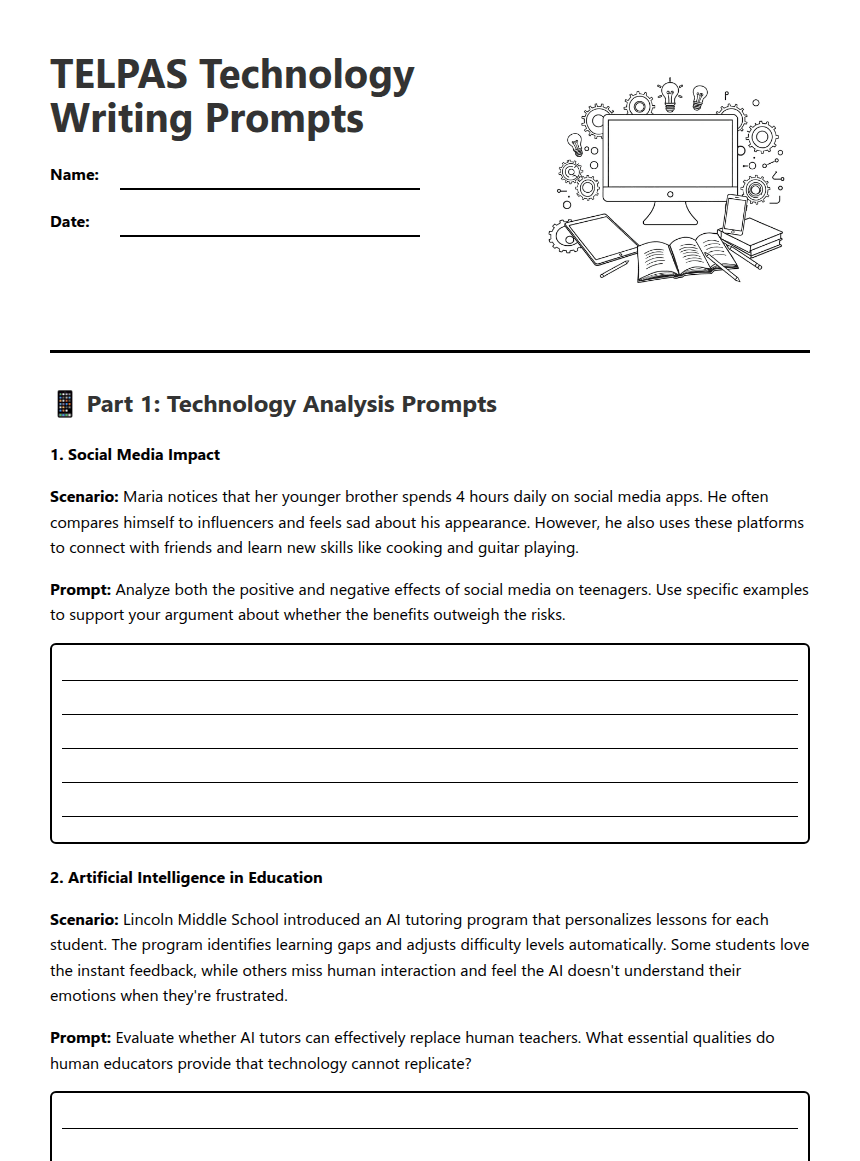 TELPAS Technology Writing Prompts worksheet preview