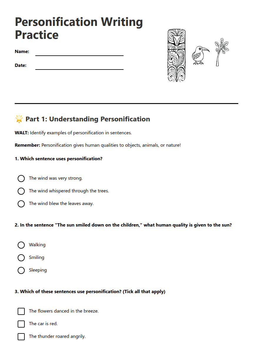 Personification Writing Practice worksheet preview