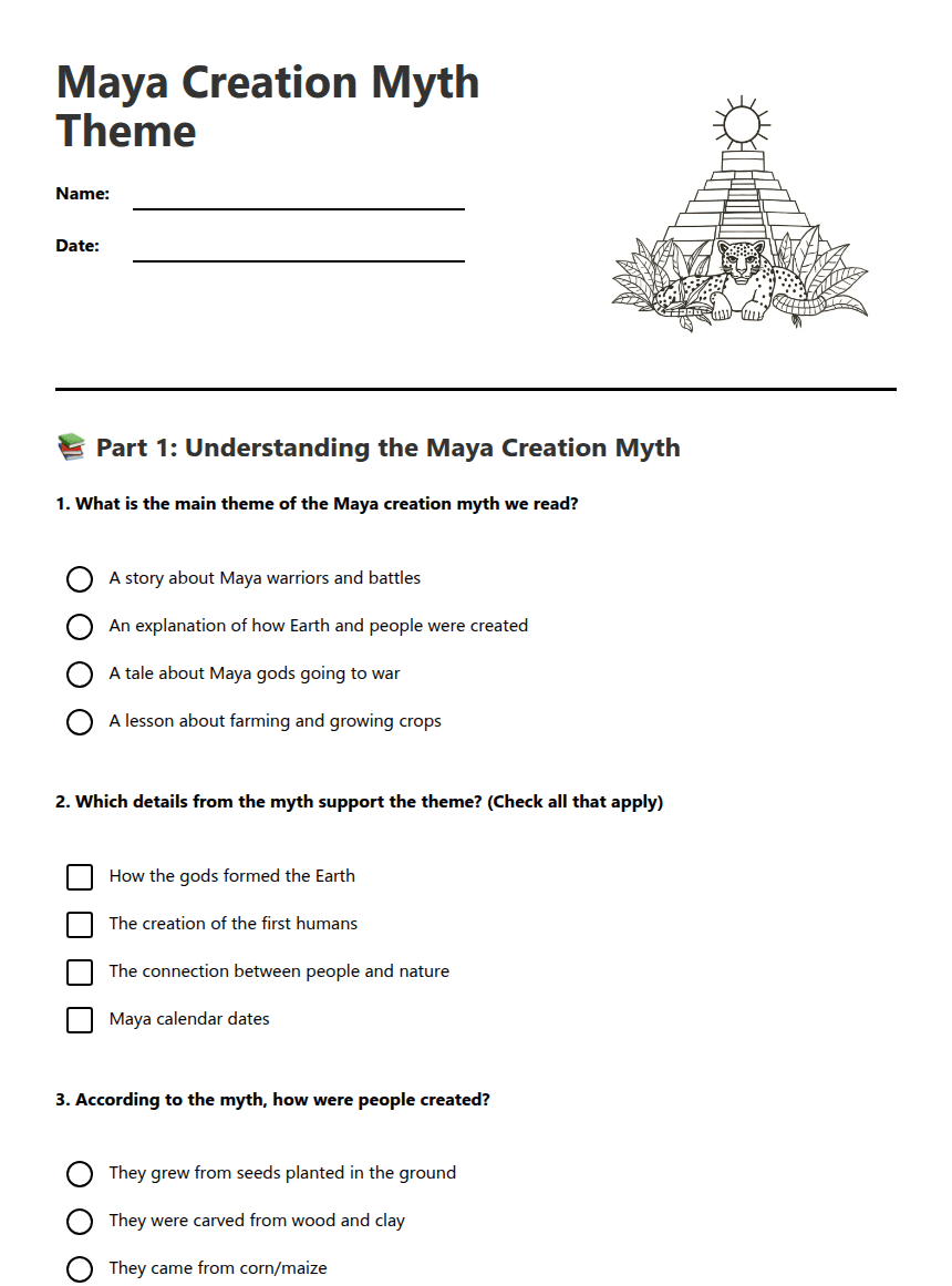 Maya Creation Myth Theme worksheet preview