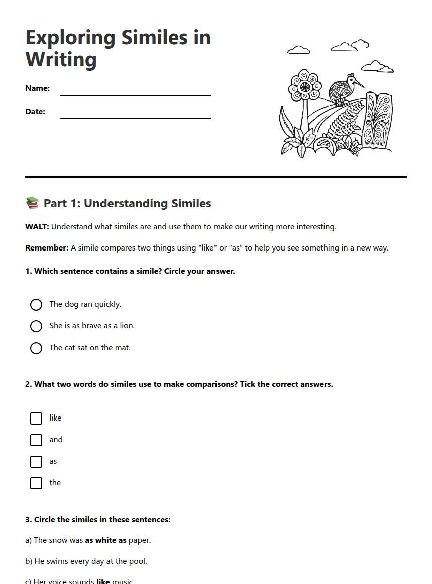 Exploring Similes in Writing worksheet preview