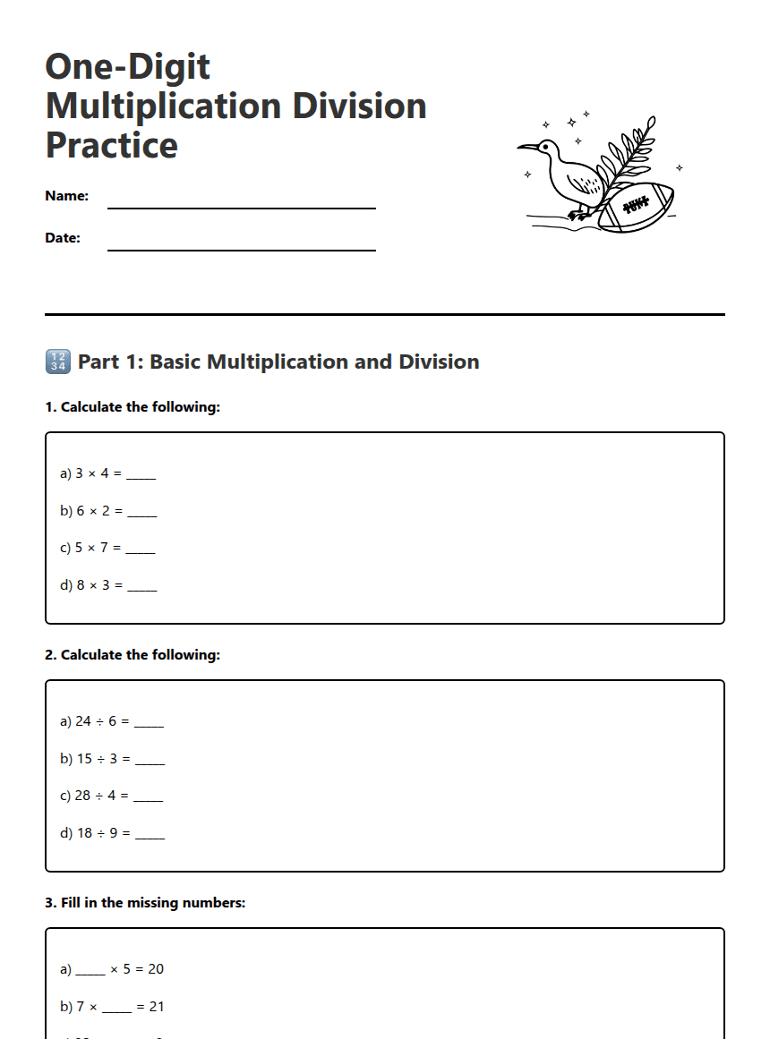 One-Digit Multiplication Division Practice worksheet preview