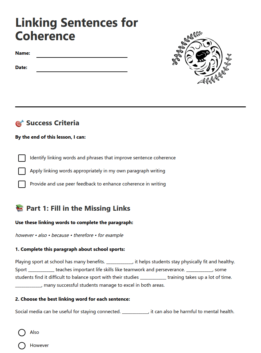 Linking Sentences for Coherence worksheet preview