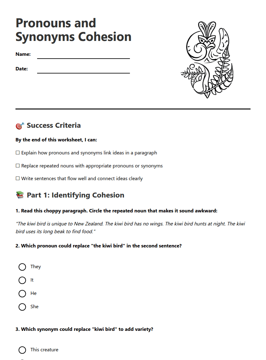 Pronouns and Synonyms Cohesion worksheet preview