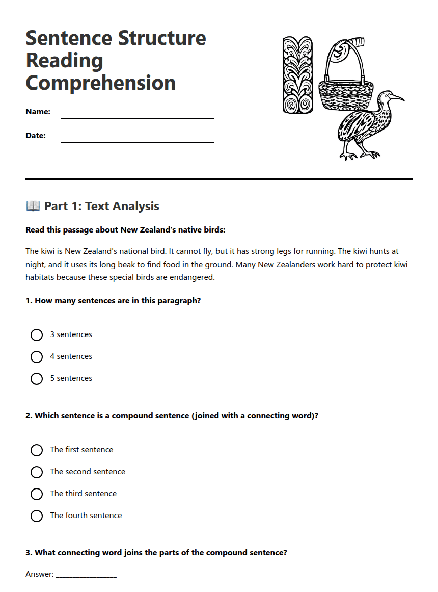 Sentence Structure Reading Comprehension worksheet preview