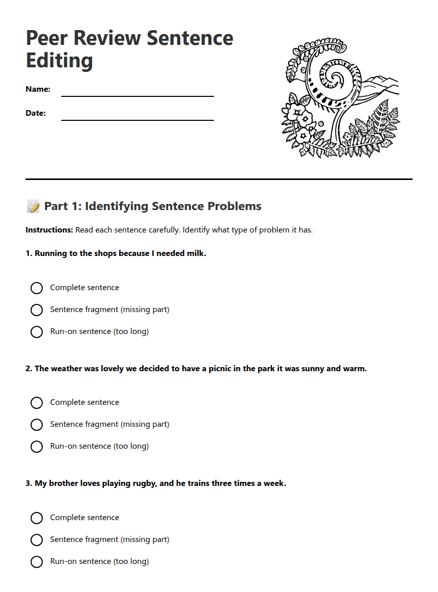 Peer Review Sentence Editing worksheet preview