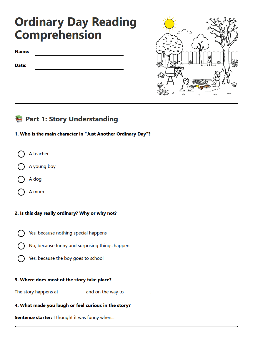 Ordinary Day Reading Comprehension worksheet preview