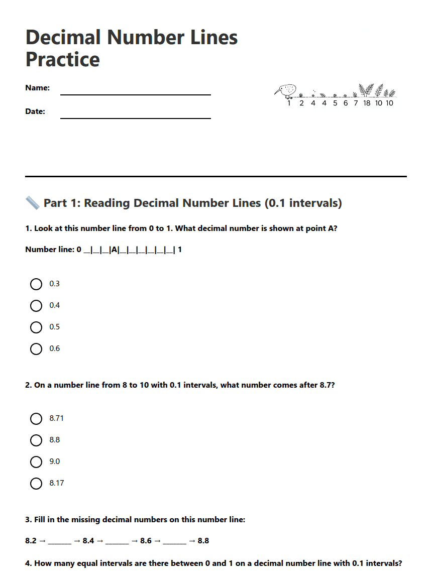 Decimal Number Lines Practice worksheet preview