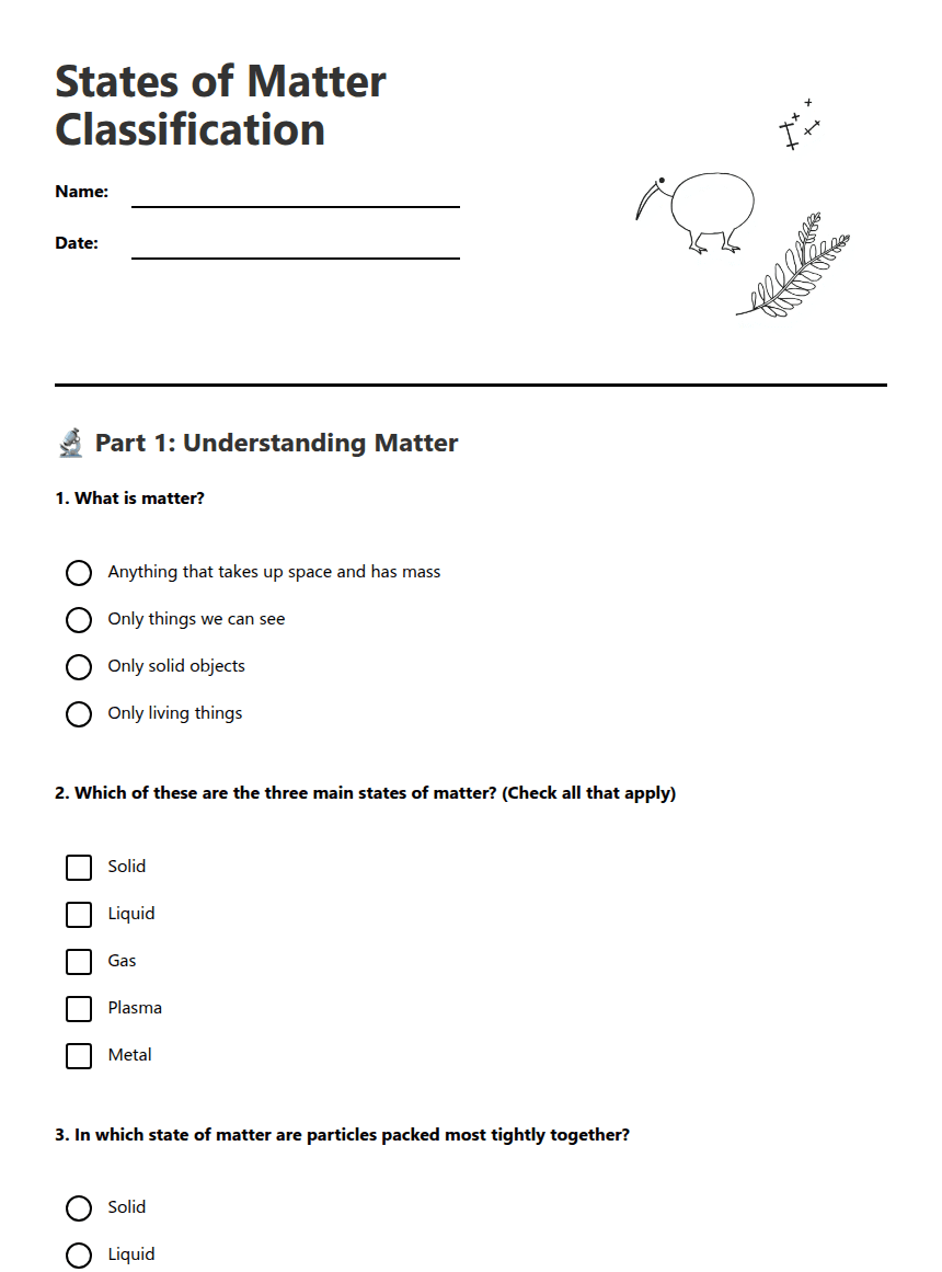States of Matter Classification worksheet preview