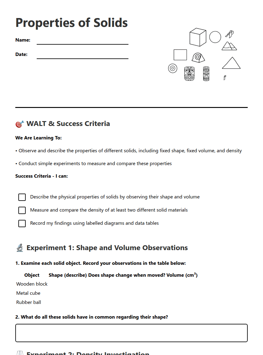 Properties of Solids worksheet preview