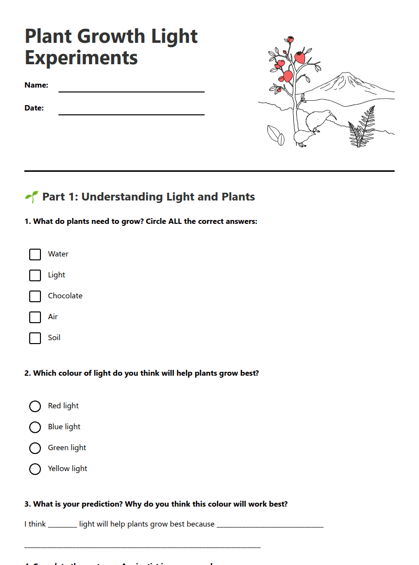 Plant Growth Light Experiments worksheet preview