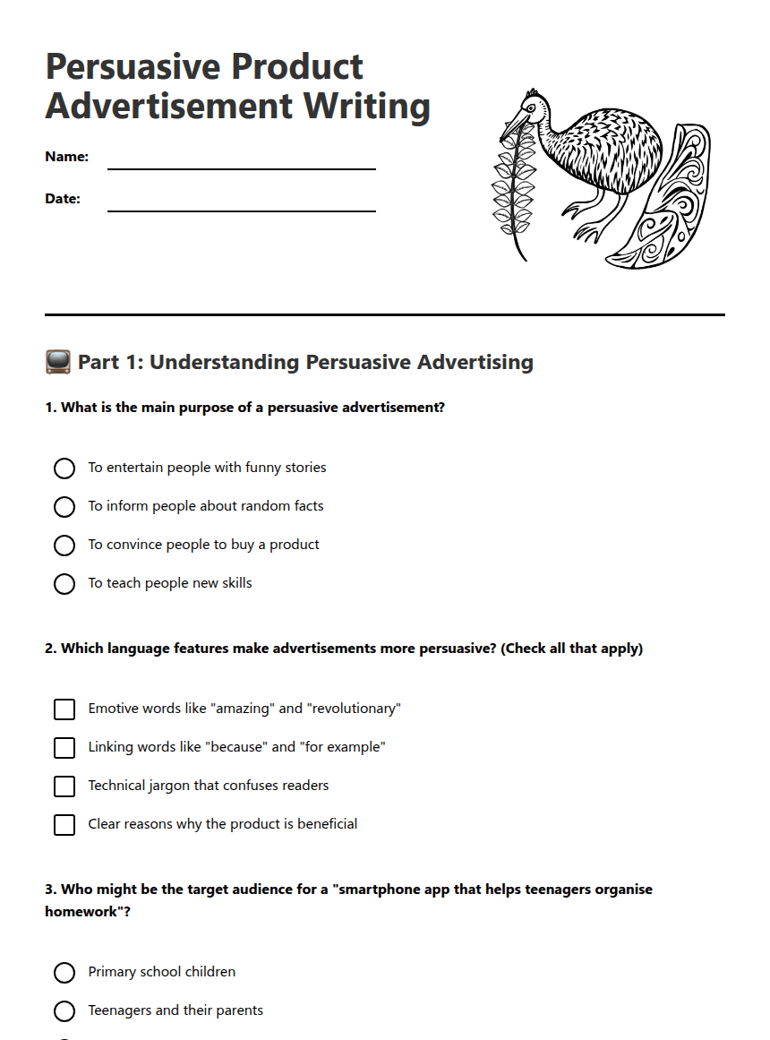 Persuasive Product Advertisement Writing worksheet preview