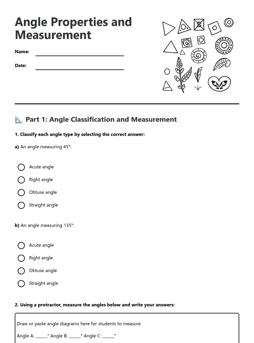 Angle Properties and Measurement worksheet preview