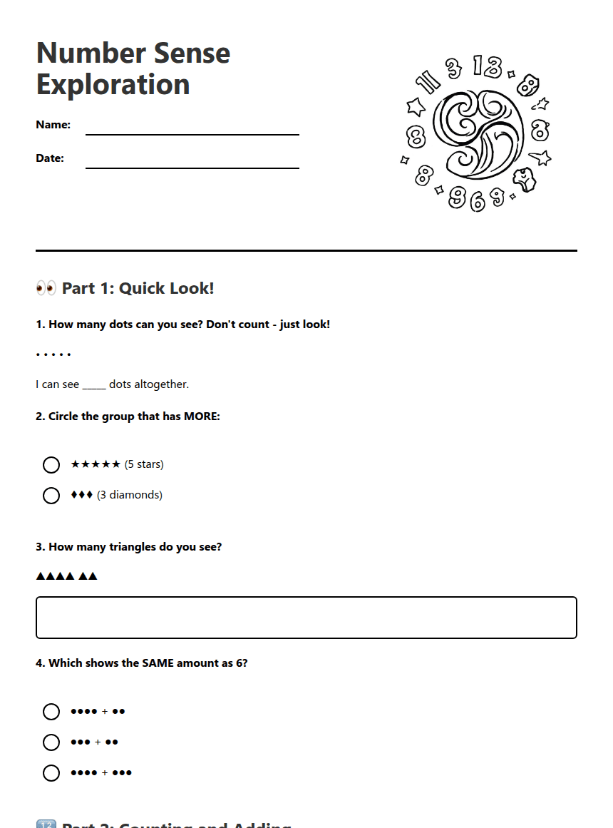 Number Sense Exploration worksheet preview