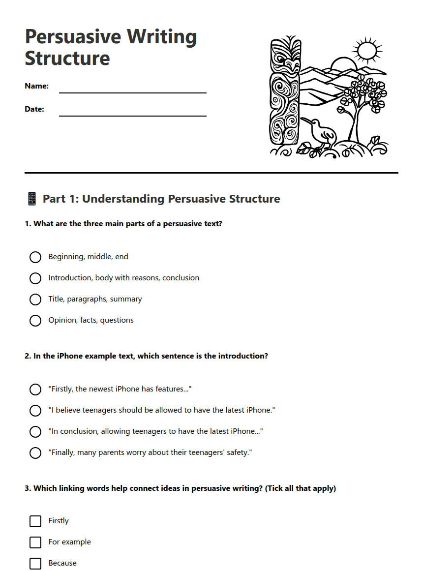 Persuasive Writing Structure worksheet preview
