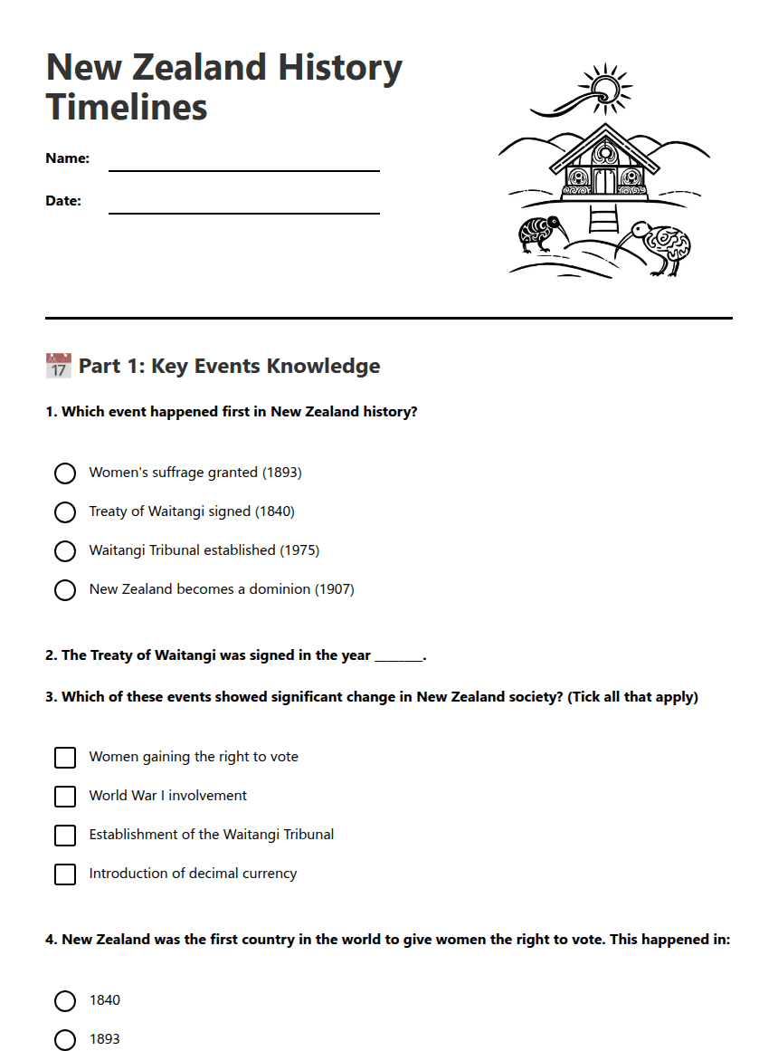 New Zealand History Timelines worksheet preview