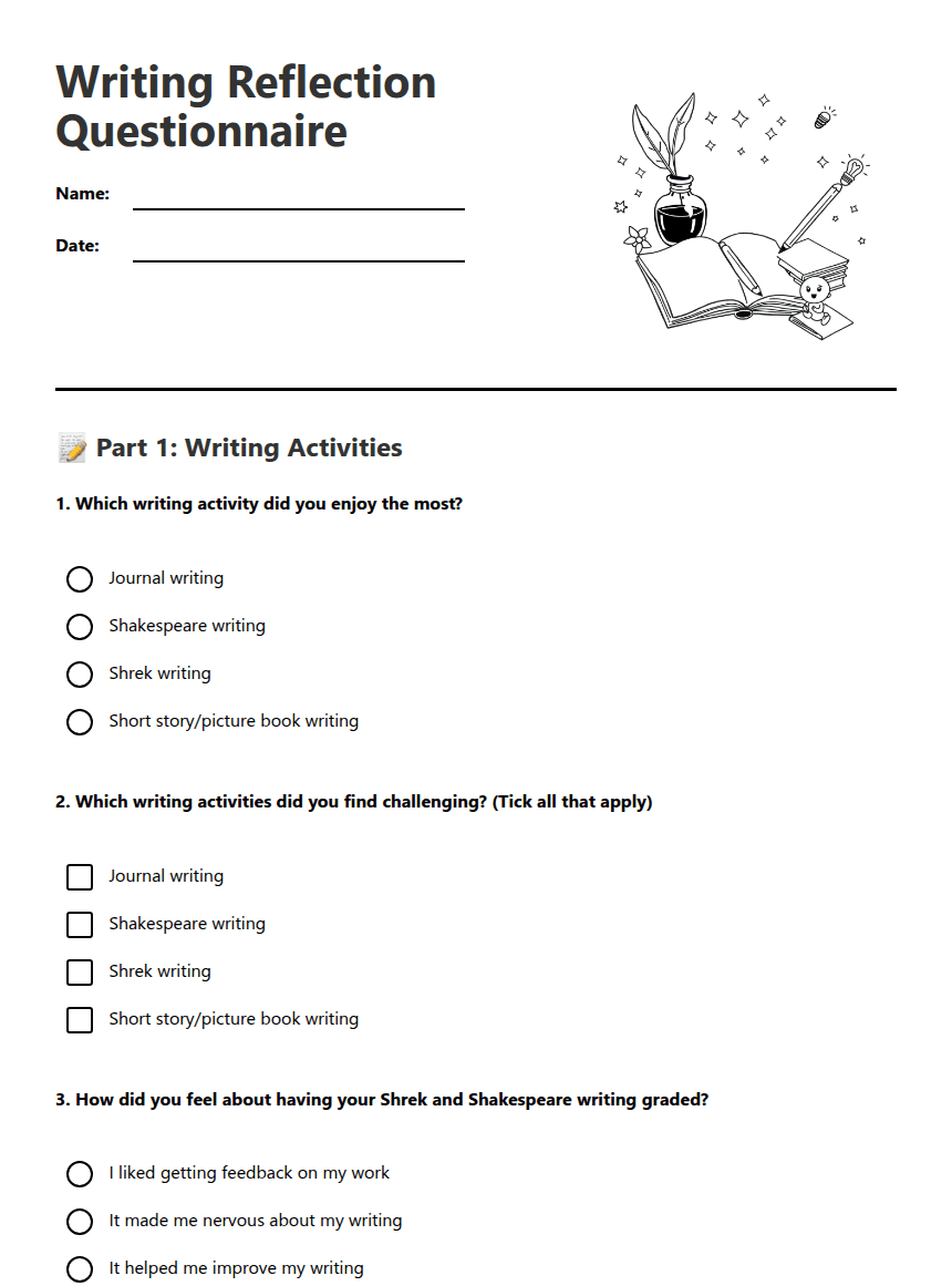 Writing Reflection Questionnaire worksheet preview