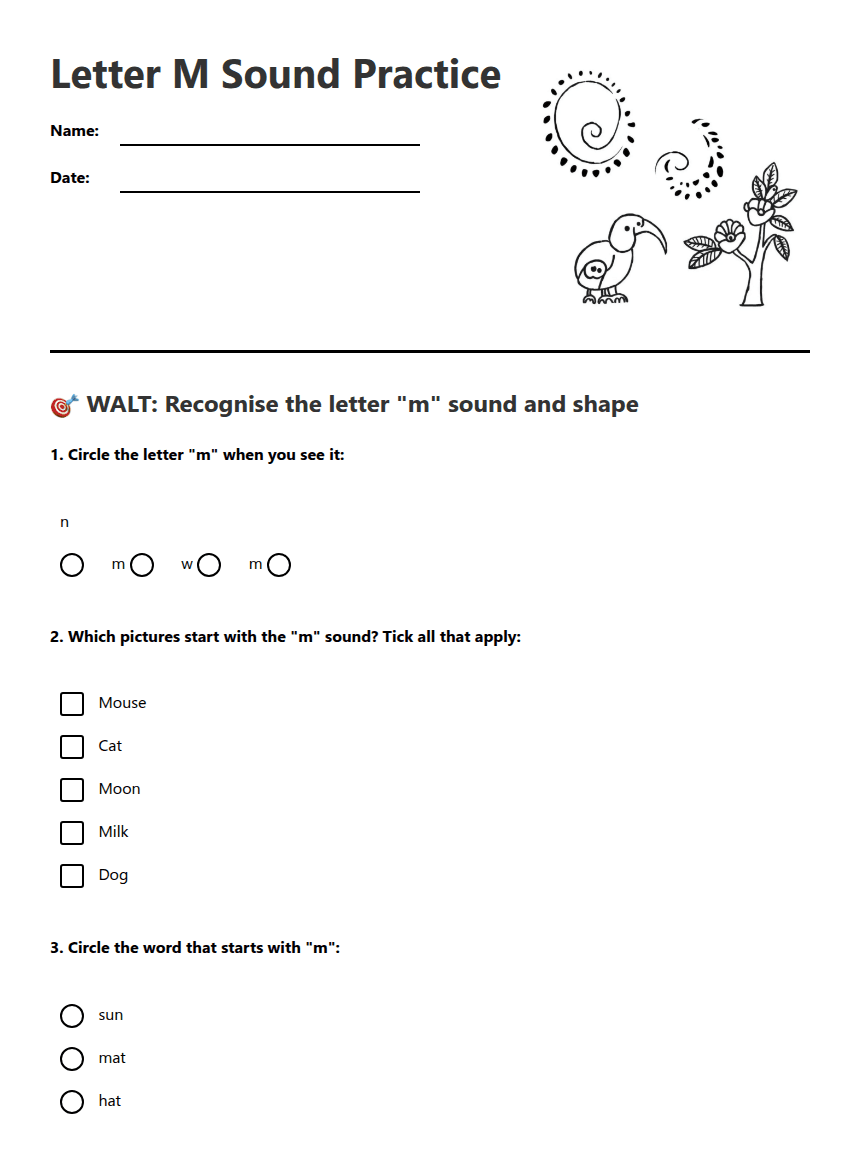 Letter M Sound Practice worksheet preview
