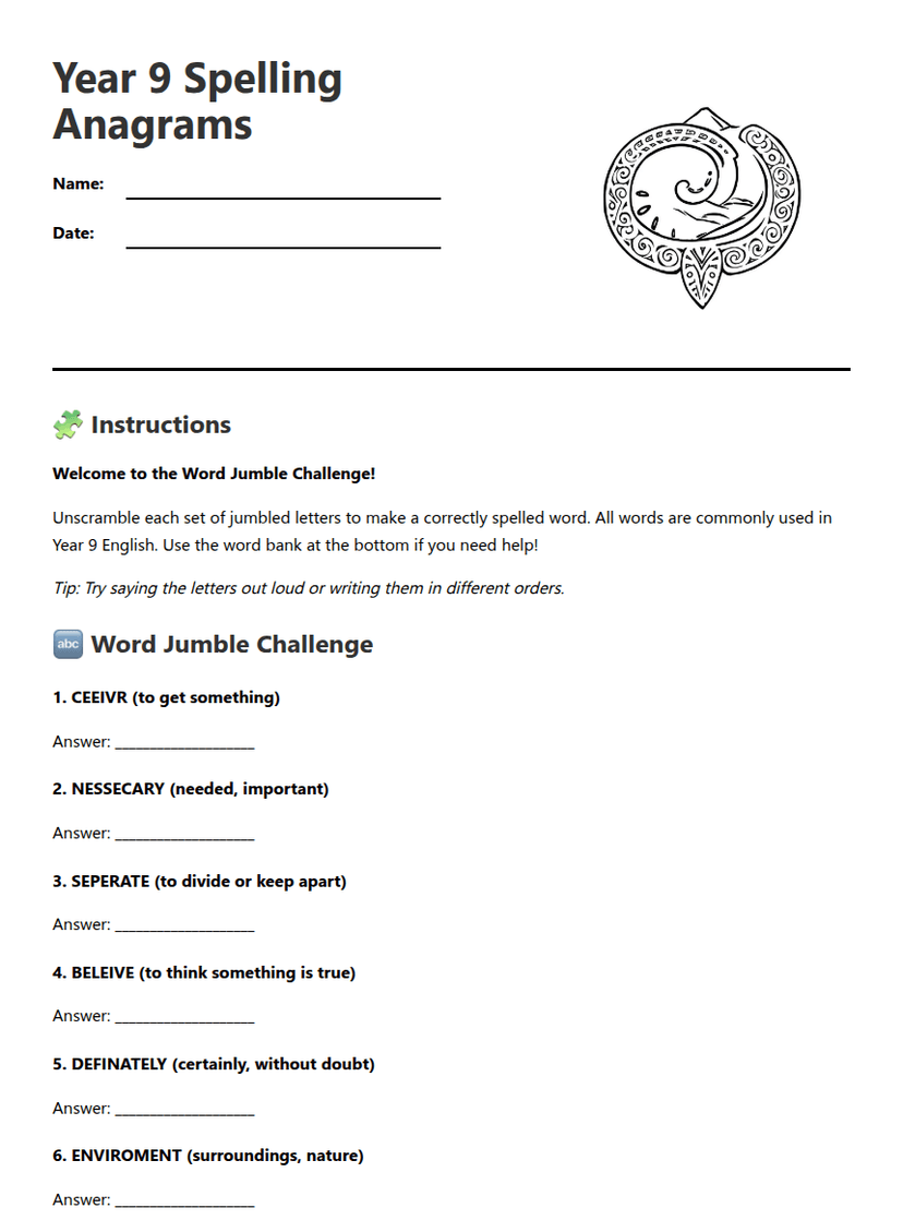 Year 9 Spelling Anagrams
