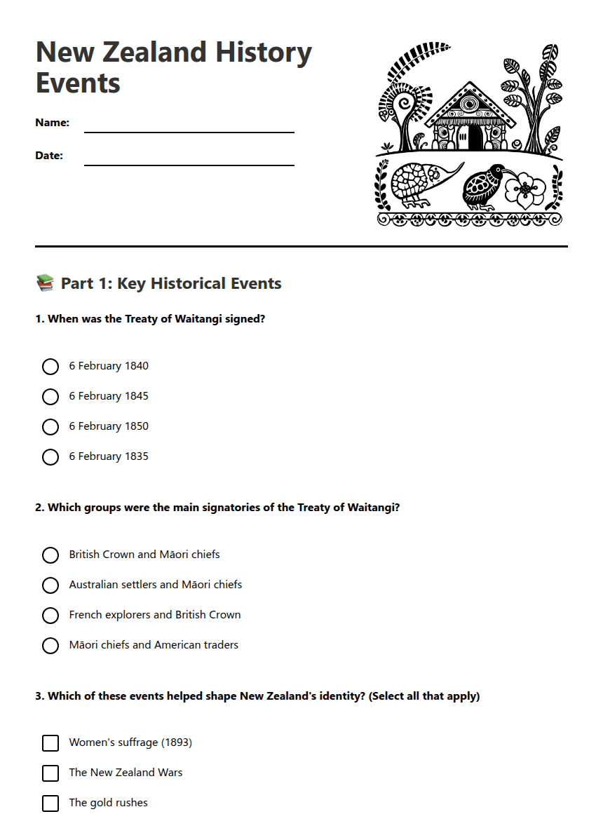 New Zealand History Events worksheet preview