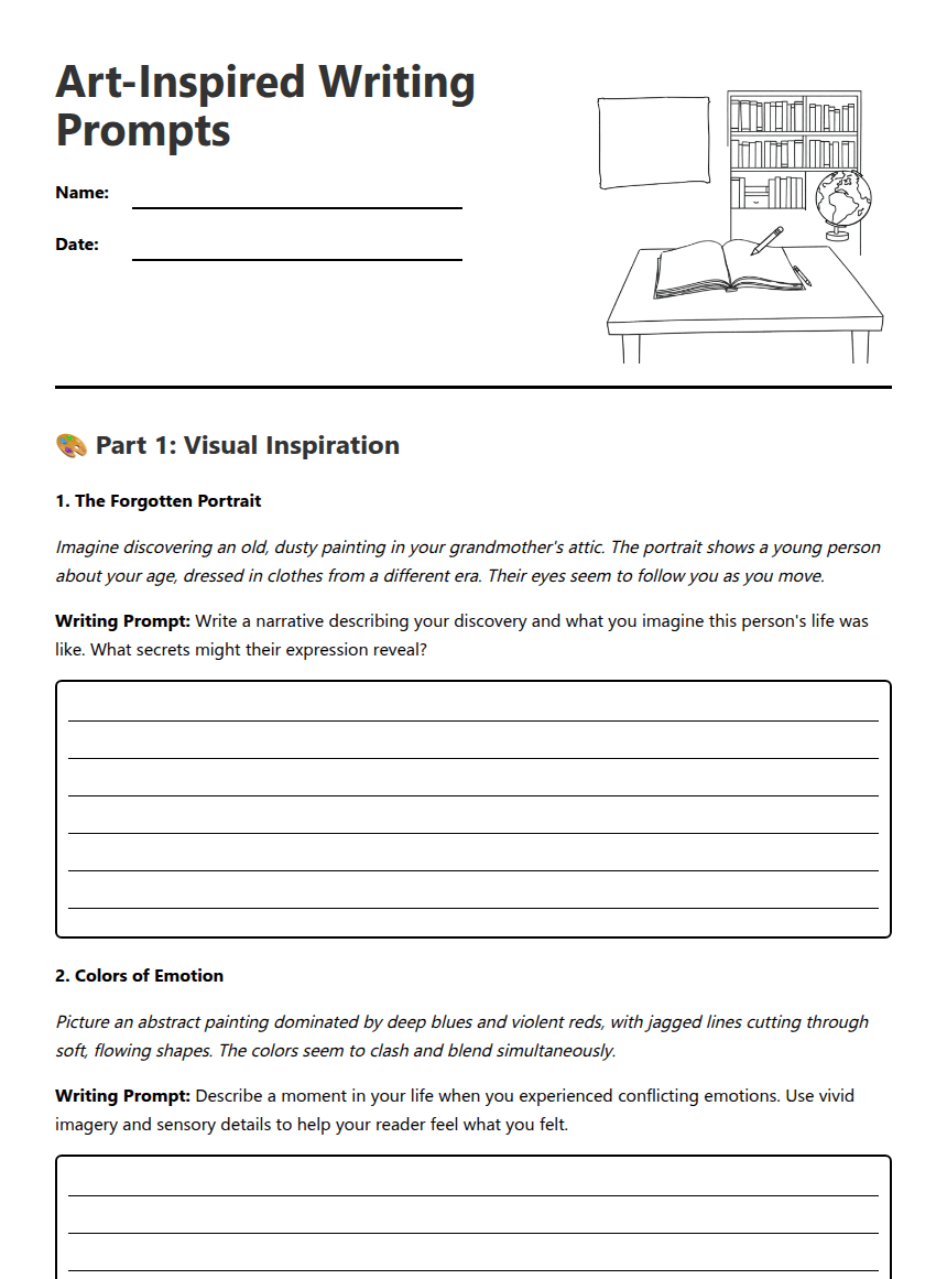 Art-Inspired Writing Prompts worksheet preview