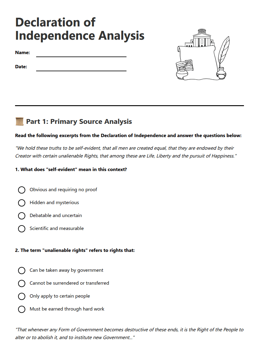 Declaration of Independence Analysis worksheet preview