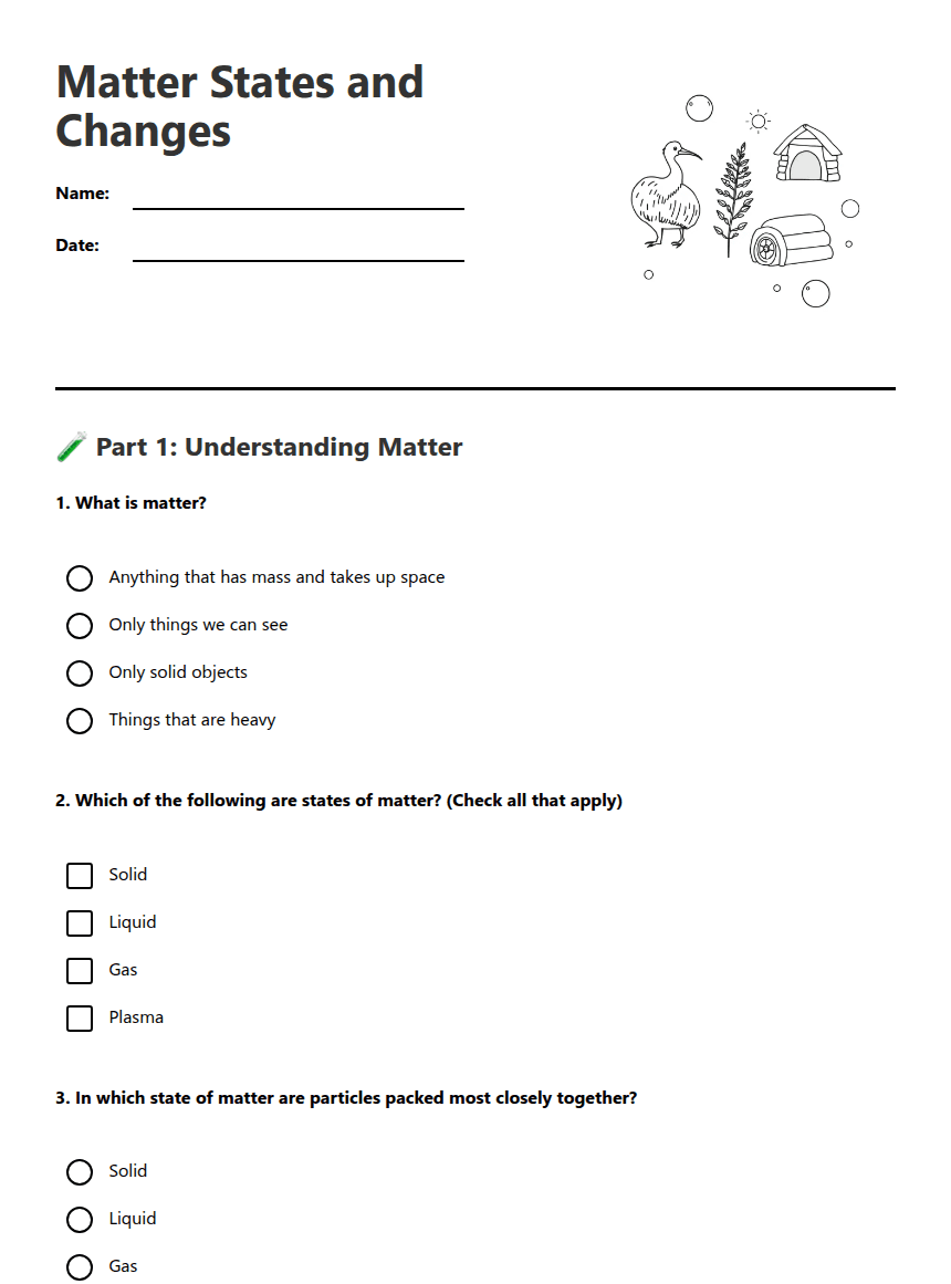 Matter States and Changes worksheet preview