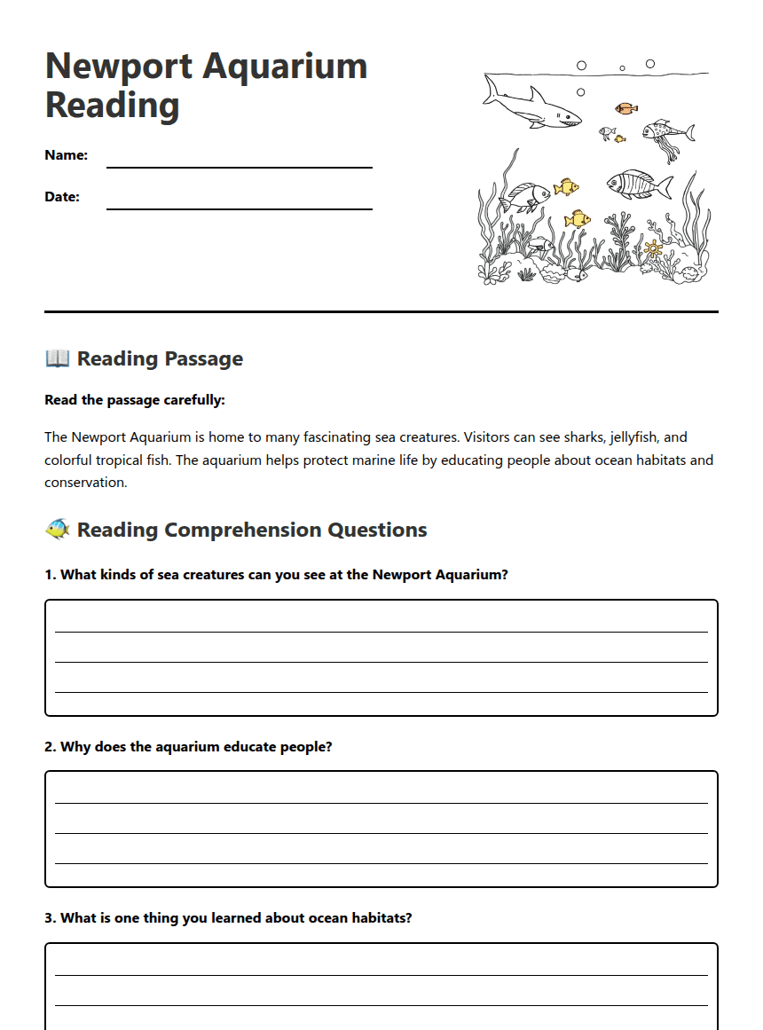 Newport Aquarium Reading worksheet preview