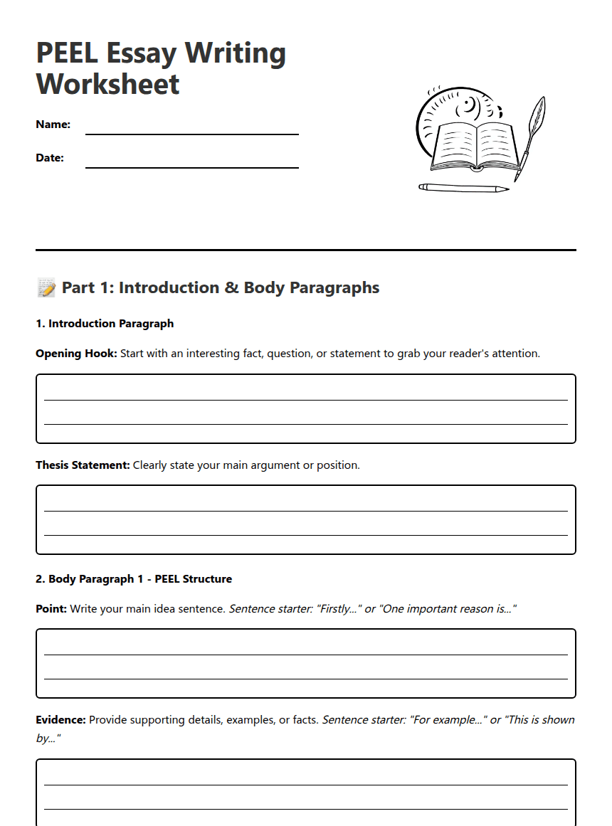 PEEL Essay Writing Worksheet worksheet preview