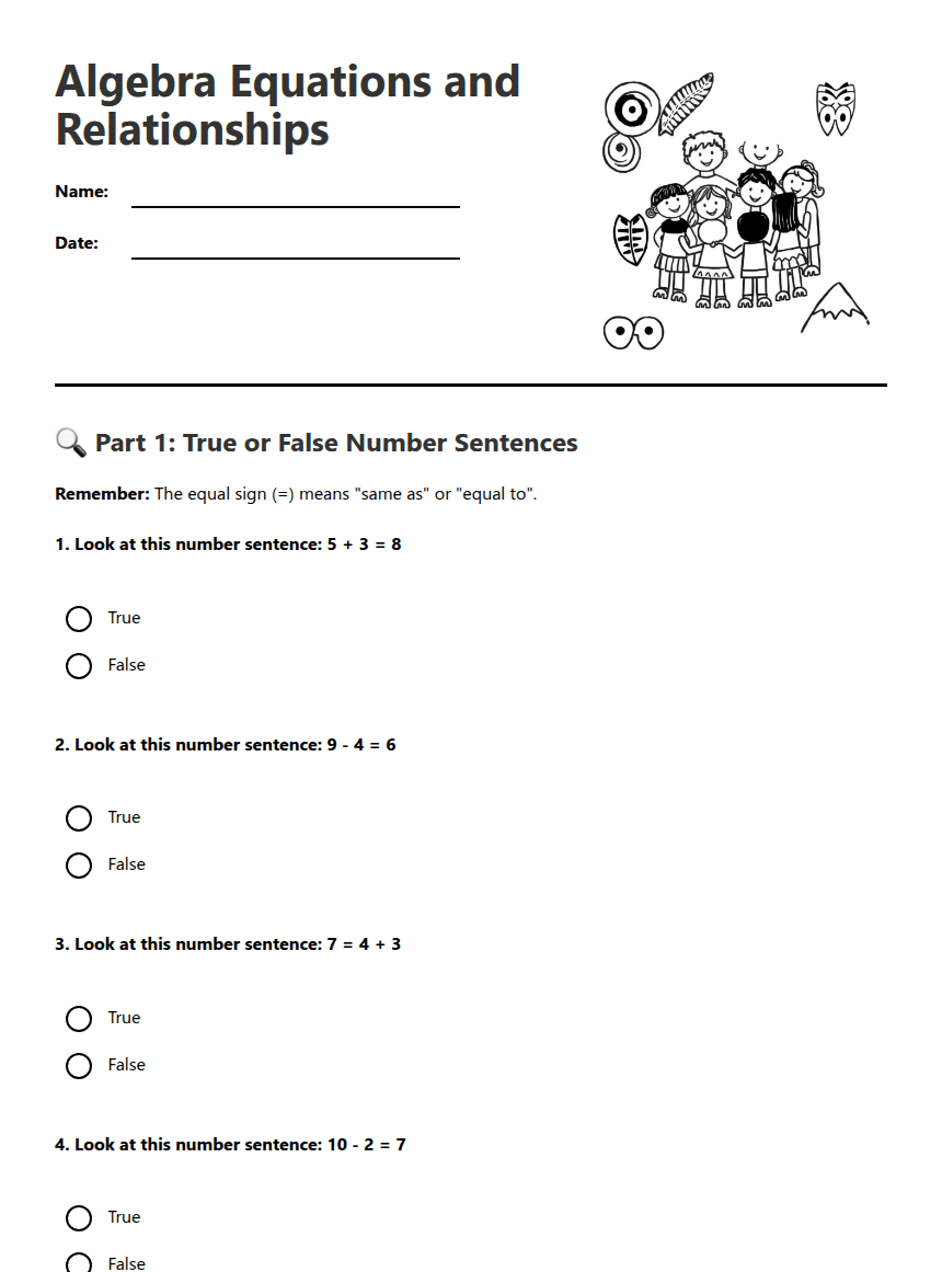 Algebra Equations and Relationships worksheet preview