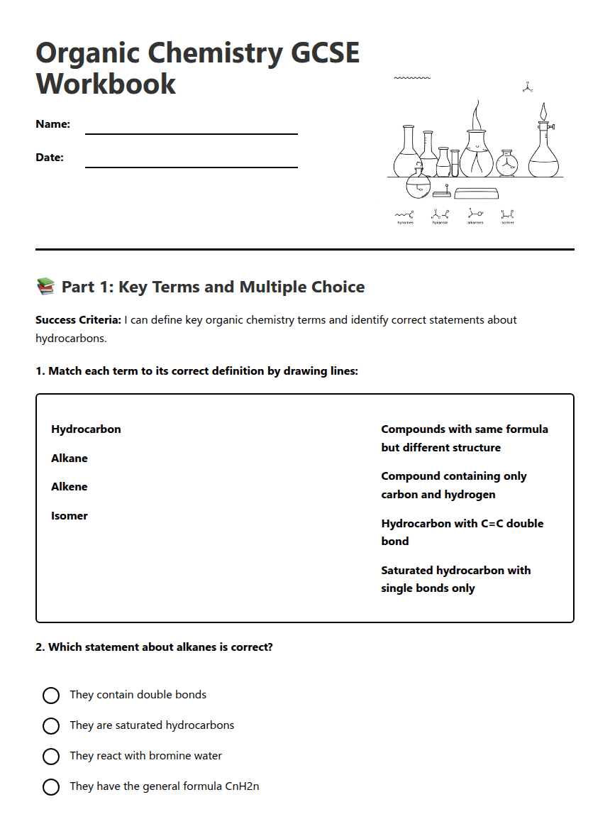 Organic Chemistry GCSE Workbook worksheet preview