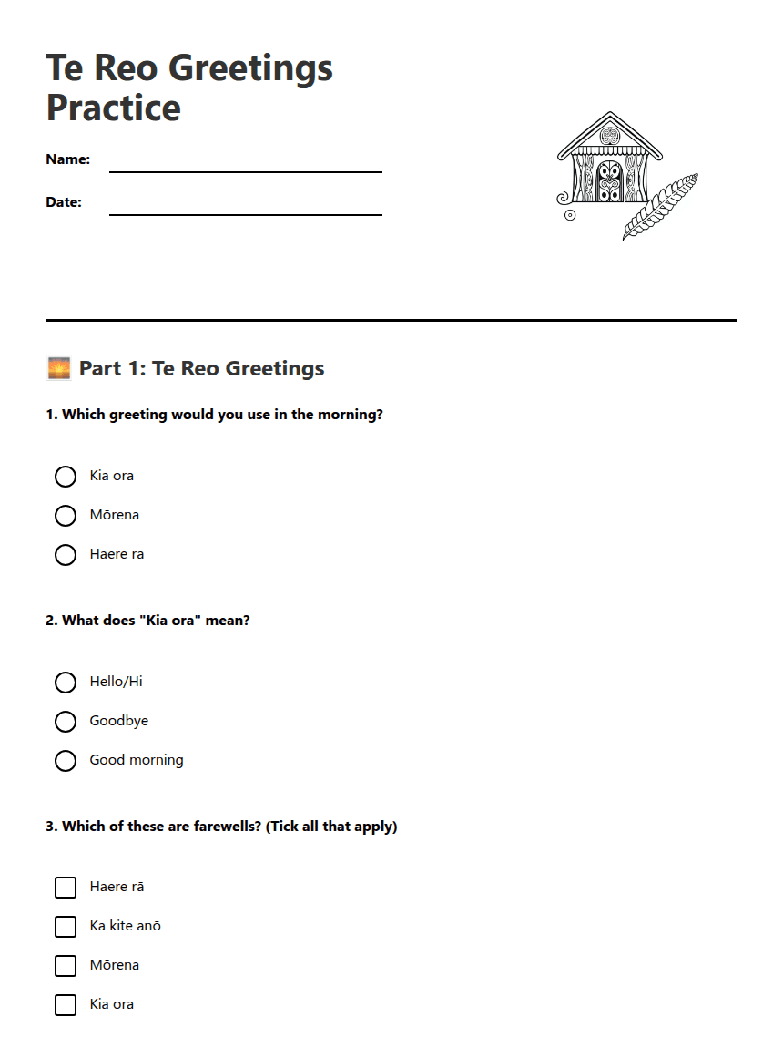 Te Reo Greetings Practice worksheet preview