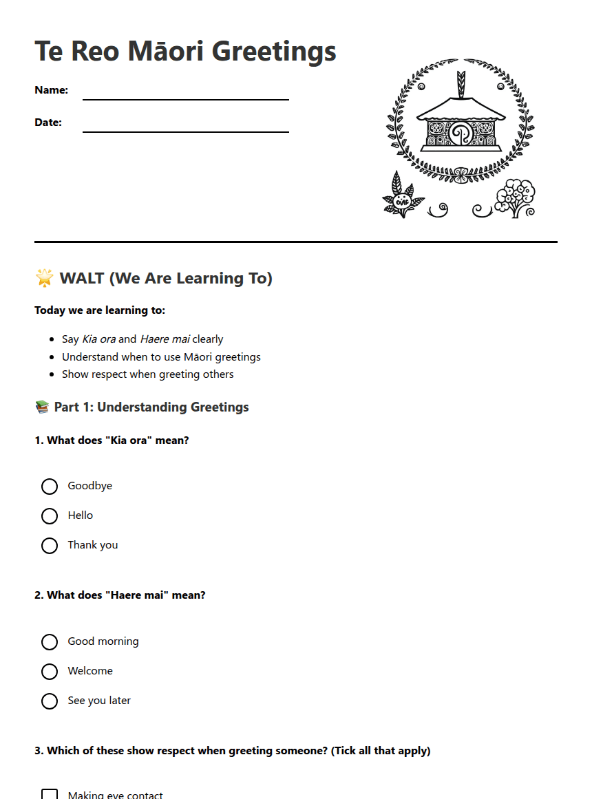 Te Reo Māori Greetings worksheet preview